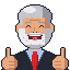 Caricatura em pixel art de Lula sorrindo, com a língua de fora, fazendo joinha com os dois polegares